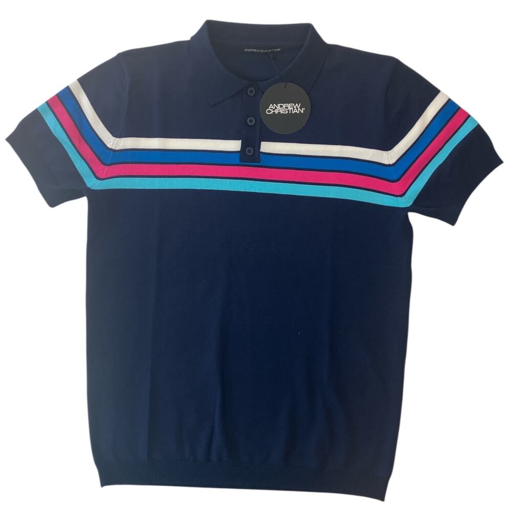 Andrew Christian Knit Stripe Polo Navy Blue Large
